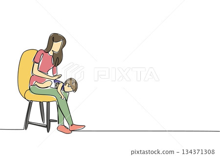 Single continuous line drawing a mother sitting on a chair puts her baby on her lap and pats her back. Choking on food. Accident. National Heimlich Maneuver Day. One line design vector illustration Single continuous line drawing a mother sitting on a chair puts her baby on her lap and pats her back. Choking on food. Accident. National Heimlich Maneuver Day. One line design vector illustration 134371308