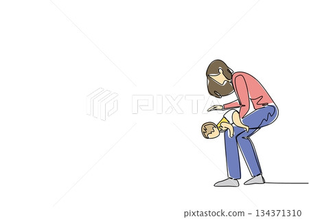 Single continuous line drawing a mother holds and places her baby upside down on her thighs. Precautions for airway obstruction. National Heimlich Maneuver Day. One line design vector illustration Single continuous line drawing a mother holds and places her baby upside down on her thighs. Precautions for airway obstruction. National Heimlich Maneuver Day. One line design vector illustration 134371310