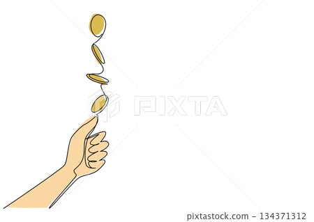 Continuous one line drawing coin flip from hand with coin flip step effect. Draw the fortunes like a referee draws for a penalty kick. Flip a Coin Day. Single line draw design vector illustration Continuous one line drawing coin flip from hand with coin flip step effect. Draw the fortunes like a referee draws for a penalty kick. Flip a Coin Day. Single line draw design vector illustration 134371312