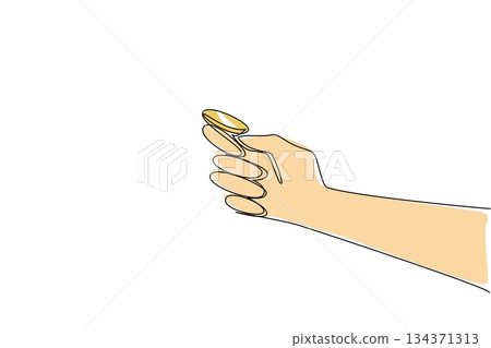 Single one line drawing coin placed on the thumb and index finger, ready to flip a coin. Draw the first game start. The wise way. Luck. Flip a Coin Day. Continuous line design graphic illustration Single one line drawing coin placed on the thumb and index finger, ready to flip a coin. Draw the first game start. The wise way. Luck. Flip a Coin Day. Continuous line design graphic illustration 134371313