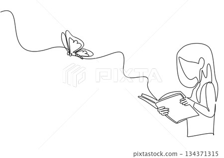 Continuous one line drawing a girl opens thick book which releases a large butterfly. Learn butterfly transformation. Butterfly Education and Awareness Day. Single line draw design vector illustration Continuous one line drawing a girl opens thick book which releases a large butterfly. Learn butterfly transformation. Butterfly Education and Awareness Day. Single line draw design vector illustration 134371315