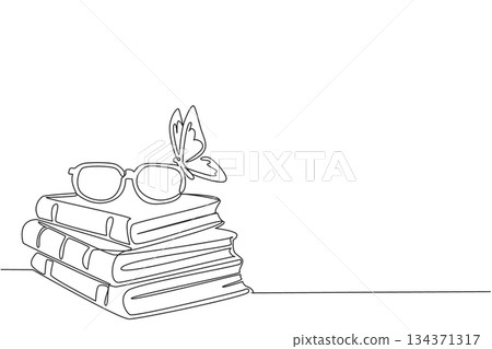 Continuous one line drawing a pile of thick old books with glasses on top and butterflies perched. Learn cultivation. Butterfly Education and Awareness Day. Single line draw design vector illustration Continuous one line drawing a pile of thick old books with glasses on top and butterflies perched. Learn cultivation. Butterfly Education and Awareness Day. Single line draw design vector illustration 134371317