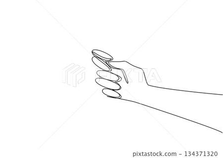 Single one line drawing coin placed on the thumb and index finger, ready to flip a coin. Draw the first game start. The wise way. Luck. Flip a Coin Day. Continuous line design graphic illustration 134371320