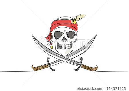 Single continuous line drawing skull wearing a bandana with crossed swords underneath. A symbol of criminals on the high seas. Pirates. Do not Give Up the Ship Day. One line design vector illustration 134371323