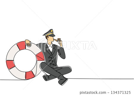 Single continuous line drawing captain of ship sit cross legged on floor smoking tobacco pipe hugs a buoy. Classic style is still cool. Do not Give Up the Ship Day. One line design vector illustration 134371325