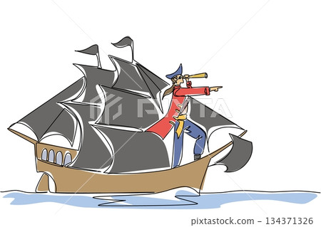 Single one line drawing pirate stands on a sailboat using a monocular while monitoring. Pirates prepare to devour other ships. Do not Give Up the Ship Day. Continuous line design graphic illustration Single one line drawing pirate stands on a sailboat using a monocular while monitoring. Pirates prepare to devour other ships. Do not Give Up the Ship Day. Continuous line design graphic illustration 134371326