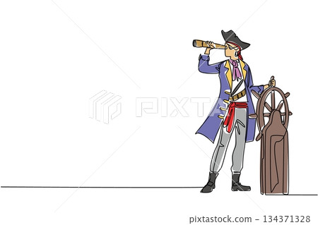 Single continuous line drawing pirate stands holds steering wheel uses monocular to monitoring. Observing navigation. Leading to gold. Do not Give Up the Ship Day. One line design vector illustration 134371328