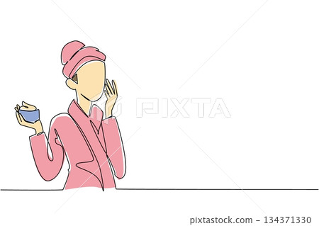 Single continuous line drawing a woman wearing a towel robe doing facial treatment. Apply night cream before bed. Regenerates skin. National Skincare Education Day. One line design vector illustration 134371330