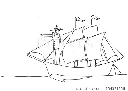 Single one line drawing ship captain standing on a sailboat using a binocular while monitoring. Looking for land to anchor. Do not Give Up the Ship Day. Continuous line design graphic illustration Single one line drawing ship captain standing on a sailboat using a binocular while monitoring. Looking for land to anchor. Do not Give Up the Ship Day. Continuous line design graphic illustration 134371336