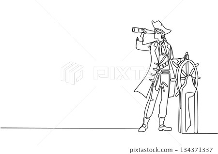 Single continuous line drawing pirate stands holds steering wheel uses monocular to monitoring. Observing navigation. Leading to gold. Do not Give Up the Ship Day. One line design vector illustration 134371337