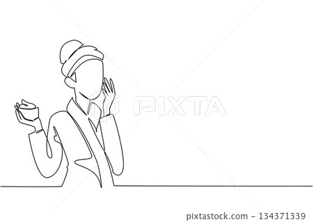 Single continuous line drawing a woman wearing a towel robe doing facial treatment. Apply night cream before bed. Regenerates skin. National Skincare Education Day. One line design vector illustration Single continuous line drawing a woman wearing a towel robe doing facial treatment. Apply night cream before bed. Regenerates skin. National Skincare Education Day. One line design vector illustration 134371339