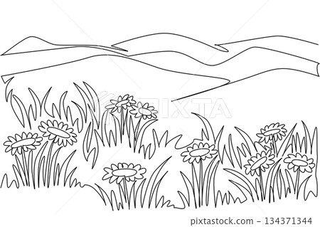 Single one line drawing prairie with several small hills in the background. The green grass fields are soothing to the eyes. Panoramic National Prairie Day. Continuous line design graphic illustration Single one line drawing prairie with several small hills in the background. The green grass fields are soothing to the eyes. Panoramic National Prairie Day. Continuous line design graphic illustration 134371344