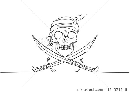 Single continuous line drawing skull wearing a bandana with crossed swords underneath. A symbol of criminals on the high seas. Pirates. Do not Give Up the Ship Day. One line design vector illustration 134371346