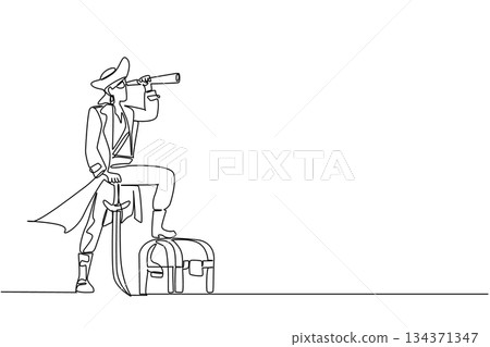 Continuous one line drawing pirate uses monocular holding sword stuck in the ground and treasure chest. Monitoring other gold. Do not Give Up the Ship Day. Single line draw design vector illustration 134371347