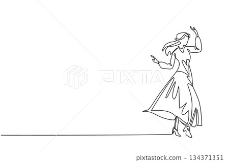 Single one line drawing a woman dressed in a long dress with a gesture of raising her hand. Comfort that allows free movement. Graceful. Wear a Dress Day. Continuous line design graphic illustration 134371351