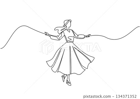 Single continuous line drawing a woman dressed in a long dress with gestures. Dancing moves freely. Comfort with clothes. Fashionable. Elegance. Wear a Dress Day. One line design vector illustration 134371352