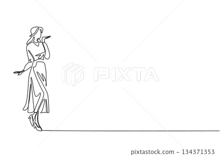 Continuous one line drawing a young woman dressed in a long dress is gesturing to give an air kiss. Beautiful. So charming and seductive. Wear a Dress Day. Single line draw design vector illustration Continuous one line drawing a young woman dressed in a long dress is gesturing to give an air kiss. Beautiful. So charming and seductive. Wear a Dress Day. Single line draw design vector illustration 134371353