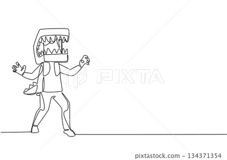 Single continuous line drawing a girl wearing a dinosaur costume made of cardboard. Play like dinosaur. Childhood experience will never be repeated. Dinosaur Day. One line design vector illustration 134371354