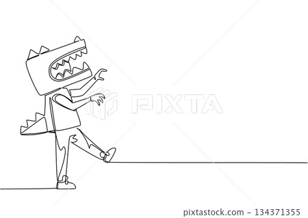 Continuous one line drawing a boy wearing a dinosaur costume made of cardboard. The fun of making dinosaur toys. A fun day throughout school. Dinosaur Day. Single line draw design vector illustration Continuous one line drawing a boy wearing a dinosaur costume made of cardboard. The fun of making dinosaur toys. A fun day throughout school. Dinosaur Day. Single line draw design vector illustration 134371355