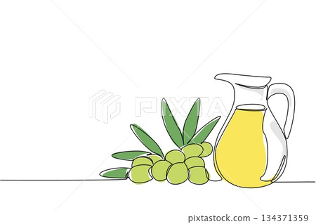 Single one line drawing olive oil in a glass jug and around the glass there are olives and leaves. The best quality olive oil. Cosmetic. National Olive Day. Continuous line design graphic illustration Single one line drawing olive oil in a glass jug and around the glass there are olives and leaves. The best quality olive oil. Cosmetic. National Olive Day. Continuous line design graphic illustration 134371359