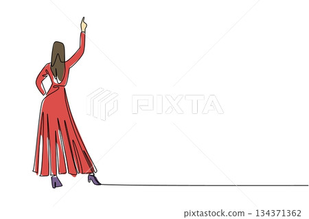 Single one line drawing a woman wears long dress gestures raising one hand and place other hand on waist. Look charming and confident. Wear a Dress Day. Continuous line design graphic illustration 134371362
