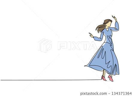 Single one line drawing a woman dressed in a long dress with a gesture of raising her hand. Comfort that allows free movement. Graceful. Wear a Dress Day. Continuous line design graphic illustration Single one line drawing a woman dressed in a long dress with a gesture of raising her hand. Comfort that allows free movement. Graceful. Wear a Dress Day. Continuous line design graphic illustration 134371364