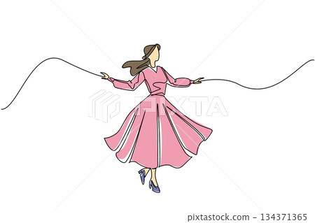 Single continuous line drawing a woman dressed in a long dress with gestures. Dancing moves freely. Comfort with clothes. Fashionable. Elegance. Wear a Dress Day. One line design vector illustration 134371365
