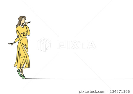 Continuous one line drawing a young woman dressed in a long dress is gesturing to give an air kiss. Beautiful. So charming and seductive. Wear a Dress Day. Single line draw design vector illustration Continuous one line drawing a young woman dressed in a long dress is gesturing to give an air kiss. Beautiful. So charming and seductive. Wear a Dress Day. Single line draw design vector illustration 134371366