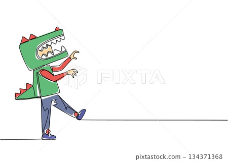 Continuous one line drawing a boy wearing a dinosaur costume made of cardboard. The fun of making dinosaur toys. A fun day throughout school. Dinosaur Day. Single line draw design vector illustration 134371368