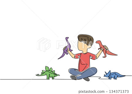 Single one line drawing a boy plays with a dinosaur toy on the floor with each hand holds a toy. Collection of extinct animal toys. Exciting. Dinosaur Day. Continuous line design graphic illustration Single one line drawing a boy plays with a dinosaur toy on the floor with each hand holds a toy. Collection of extinct animal toys. Exciting. Dinosaur Day. Continuous line design graphic illustration 134371373