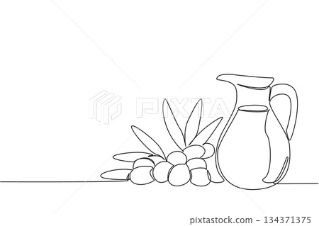 Single one line drawing olive oil in a glass jug and around the glass there are olives and leaves. The best quality olive oil. Cosmetic. National Olive Day. Continuous line design graphic illustration Single one line drawing olive oil in a glass jug and around the glass there are olives and leaves. The best quality olive oil. Cosmetic. National Olive Day. Continuous line design graphic illustration 134371375