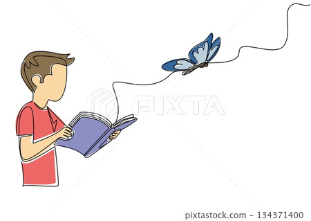 Single one line drawing a boy opens a thick book which releases a large butterfly. Read the legendary stories. Myth. Butterfly Education and Awareness Day. Continuous line design graphic illustration 134371400