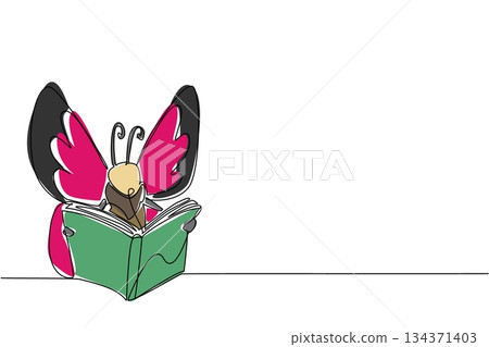 Single one line drawing butterfly is reading a thick book. Reading the story of his own transformation. Good example. Butterfly Education and Awareness Day. Continuous line design graphic illustration 134371403