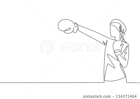 Single continuous line drawing a female cancer survivor puts on boxing gloves and punches. Symbolism of strong women. Fighting pain. National Cancer Survivors Day. One line design vector illustration Single continuous line drawing a female cancer survivor puts on boxing gloves and punches. Symbolism of strong women. Fighting pain. National Cancer Survivors Day. One line design vector illustration 134371404