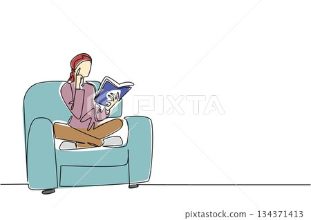 Single one line drawing a woman sitting on sofa crossed her legs holding a book. Reading to strengthen. The spirit to recover National Cancer Survivors Day. Continuous line design graphic illustration 134371413