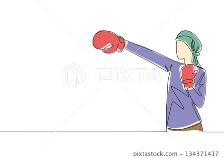 Single continuous line drawing a female cancer survivor puts on boxing gloves and punches. Symbolism of strong women. Fighting pain. National Cancer Survivors Day. One line design vector illustration 134371417