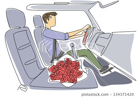 Continuous one line drawing a man driving car with bouquet of roses next to him. Bringing simple, meaningful surprises. Wedding anniversary. Rose Festival. Single line draw design vector illustration 134371420