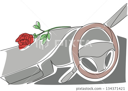 Single continuous line drawing a rose placed on the car dashboard. A beautiful rose has been prepared to be a surprise. Romanticization of feelings. Rose Festival. One line design vector illustration 134371421