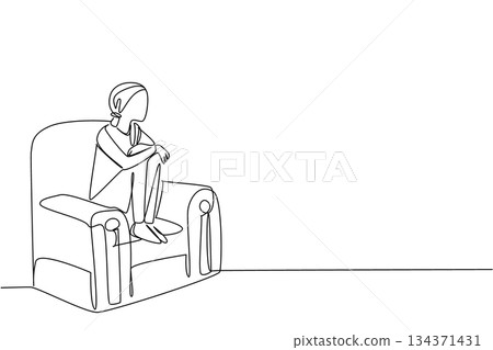 Single continuous line drawing a woman sits on a sofa and folds her legs. There is a feeling of endless anxiety. Always feel alone. National Cancer Survivors Day. One line design vector illustration 134371431