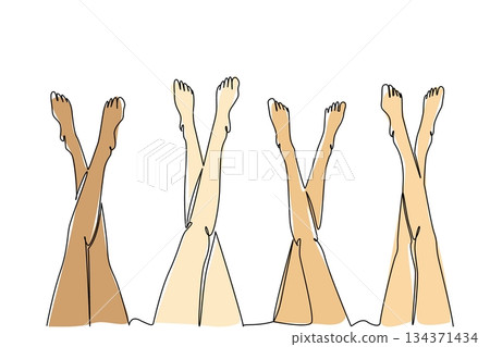 Single one line drawing 4 pairs of barefoot legs crossed with the feet raised. Relax and gossip by raising the legs up. Leisure. National Go Barefoot Day. Continuous line design graphic illustration Single one line drawing 4 pairs of barefoot legs crossed with the feet raised. Relax and gossip by raising the legs up. Leisure. National Go Barefoot Day. Continuous line design graphic illustration 134371434