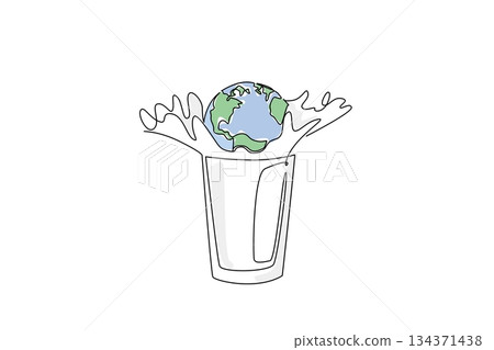 Single one line drawing a globe put into a glass of milk, milk splashes out. The pleasure of milk is recognized throughout the world. Milky. World Milk Day Continuous line design graphic illustration 134371438