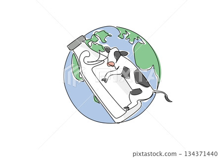 Continuous one line drawing cow hugging a glass bottle with a globe background. Symbolism about cows loving their milk. Delicious. Healthy. World Milk Day. Single line draw design vector illustration Continuous one line drawing cow hugging a glass bottle with a globe background. Symbolism about cows loving their milk. Delicious. Healthy. World Milk Day. Single line draw design vector illustration 134371440