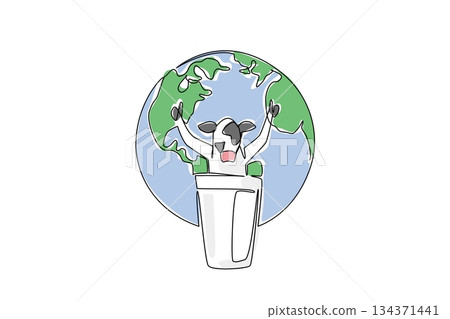 Single one line drawing a cow stands behind glass of milk with thumbs up gesture and a globe background. Ease of access to drink milk of cow. World Milk Day Continuous line design graphic illustration Single one line drawing a cow stands behind glass of milk with thumbs up gesture and a globe background. Ease of access to drink milk of cow. World Milk Day Continuous line design graphic illustration 134371441