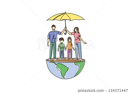 Continuous one line drawing parents together holds umbrella for their children stands on hemisphere of globe. Symbol as a protector. Global Day of Parents. Single line draw design vector illustration 134371447