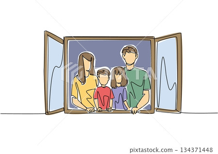 Single continuous line drawing a family in front of an open window. The appearance of an example of a happy, harmonious family. Compactness. Global Day of Parents. One line design vector illustration Single continuous line drawing a family in front of an open window. The appearance of an example of a happy, harmonious family. Compactness. Global Day of Parents. One line design vector illustration 134371448