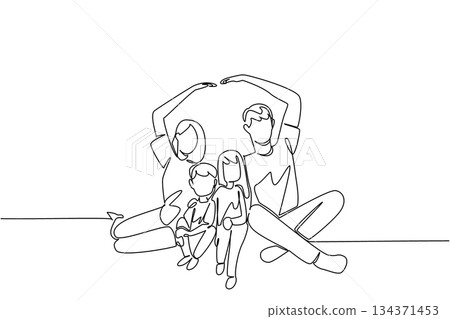 Single one line drawing a family sitting on the floor, the hands of parent forms the roof of the house. The warmth of a family. Global Day of Parents. Continuous line design graphic illustration Single one line drawing a family sitting on the floor, the hands of parent forms the roof of the house. The warmth of a family. Global Day of Parents. Continuous line design graphic illustration 134371453