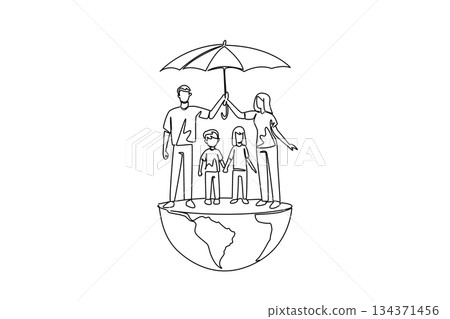 Continuous one line drawing parents together holds umbrella for their children stands on hemisphere of globe. Symbol as a protector. Global Day of Parents. Single line draw design vector illustration Continuous one line drawing parents together holds umbrella for their children stands on hemisphere of globe. Symbol as a protector. Global Day of Parents. Single line draw design vector illustration 134371456