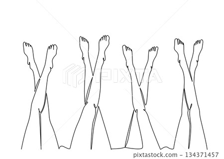 Single one line drawing 4 pairs of barefoot legs crossed with the feet raised. Relax and gossip by raising the legs up. Leisure. National Go Barefoot Day. Continuous line design graphic illustration Single one line drawing 4 pairs of barefoot legs crossed with the feet raised. Relax and gossip by raising the legs up. Leisure. National Go Barefoot Day. Continuous line design graphic illustration 134371457