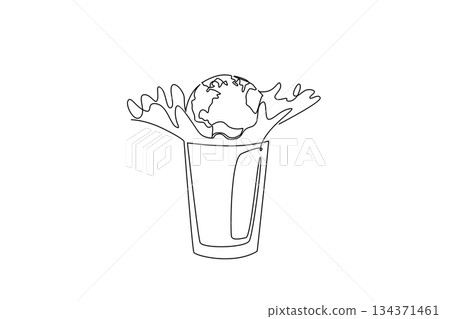 Single one line drawing a globe put into a glass of milk, milk splashes out. The pleasure of milk is recognized throughout the world. Milky. World Milk Day Continuous line design graphic illustration 134371461