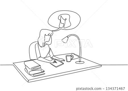 Single continuous line drawing a woman writes a letter on a paper on a study table and the callout contains a woman. Thinking of old friends. Postal. Pen Pal Day. One line design vector illustration Single continuous line drawing a woman writes a letter on a paper on a study table and the callout contains a woman. Thinking of old friends. Postal. Pen Pal Day. One line design vector illustration 134371467